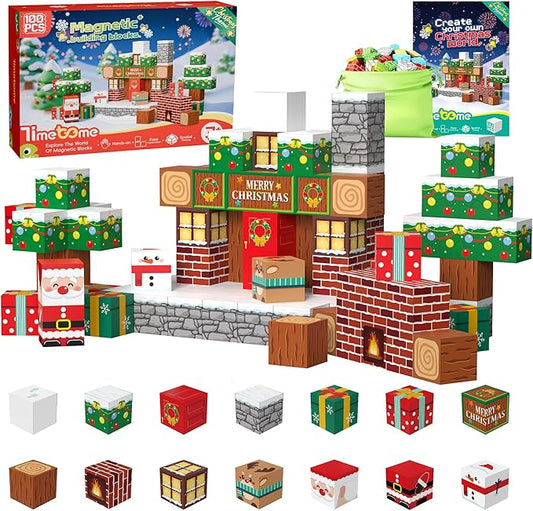 Magnetic Blocks, 100PCS Magnetic Building Block Cubes, STEM Montessori Sensory Toys for Kids Boys Girls Ages 3 4 5 6 7 8 9 10 (Christmas Version)