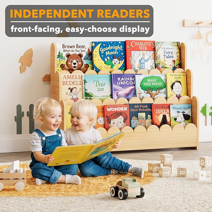 SpaceAid 3-Tier Scalloped Bookshelf, Montessori Bookcase for Toddlers, Wooden Book Shelf Organizer Display Furniture for Kids Rooms, Playroom, Nursery and Classroom, 36.7“ Wide, Natural