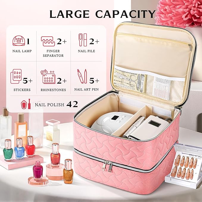 DreamGenius Nail Polish Organizer Case Holds 42 Bottles, Portable Double-Layer Nail Polish Storage Bag with Adjustable Dividers for Manicure Tools, Pink