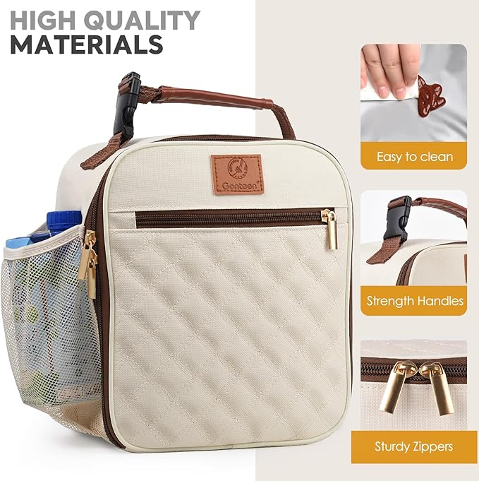 Genteen Lunch Bag for Women Men Girls Teens Insulated Leakproof LunchBox for Adult Reusable Lunch Box with Bottle Holder for Work Office School Travel Picnic-Gray/White