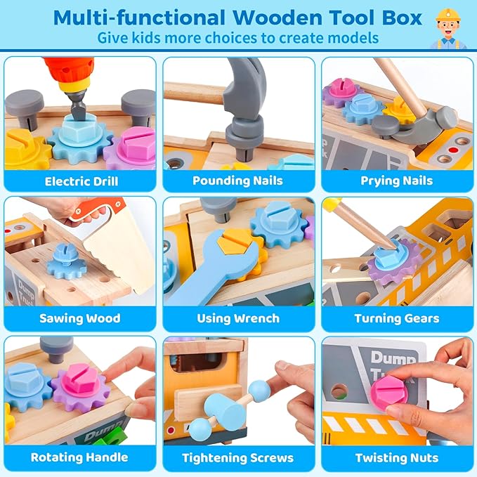 Kids Tool Set Toy with Drill Hammer, 38PCS Wooden Truck Boy Tool Set Construction Sensory Kit STEM Learning Toys, Montessori Pretend Play Boy Girls Kids Birthday Gift for Toddlers 1 2 3 4 5 6
