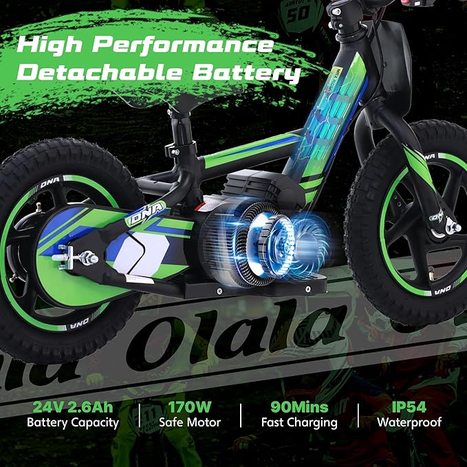 OLALA Electric Dirt Bike for Kids Aged 3-6, 170W Racing Grade Electric Motorcycle, New Aluminum Frame with 2 Power Modes, 24V Detachable Battery, 12IN Knobby Tires