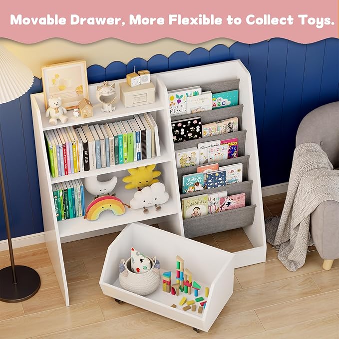 COZPAW Kids Bookshelf and Toy Storage, 4 Tier Toddler Bookshelf with Movable Drawer 5 Sling Pockets, Montessori Book Shelf for Kids Room, Playroom, Nursery (White)