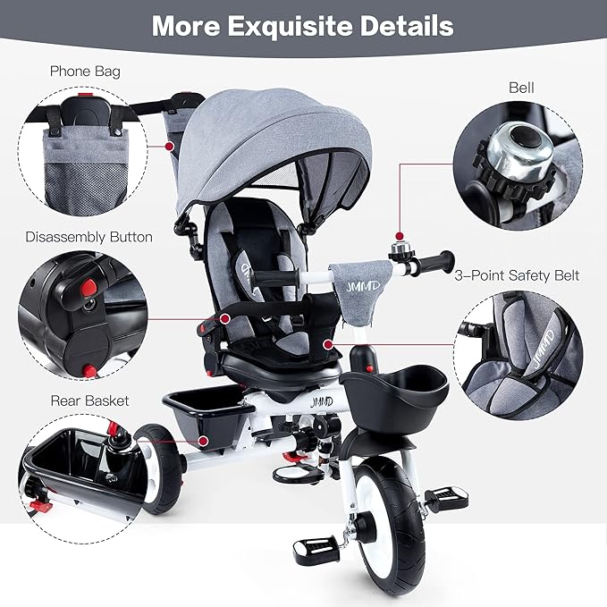 JMMD Baby Trike, 6-in-1 Kids Tricycle with Adjustable Push Handle, Removable Canopy, Safety Harness for 18 Months - 5 Year Old, Gray