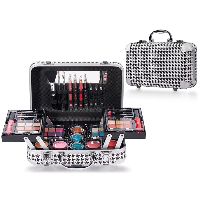 Hot Sugar All In One Makeup Set for Adults and Girls-Full Makeup Kit for Beginners Includes Eye Shadow Palette Blush Lip Gloss Lipstick Lip Pencil Eye Pencil Brush Mirror (Black Houndstooth)