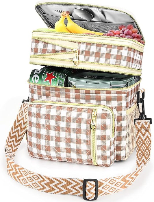 LOKASS Lunch Box for Women-16L-Insulated Lunch Bag Women, Expandable Double-layer Leakproof Cooler Bag with Upgrade Adjustable Shoulder Strap Ideal for Work/Travel/Picnics（Brown&White Check）