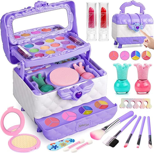 Kids Makeup Set for Girl, Real Washable Cosmetic Children's Toy Makeup Box Set with Mirror, Gentle & Skin-Friendly Princess Dress Up Kit, 40 Pcs, Present for Ages 3+ (Purple)