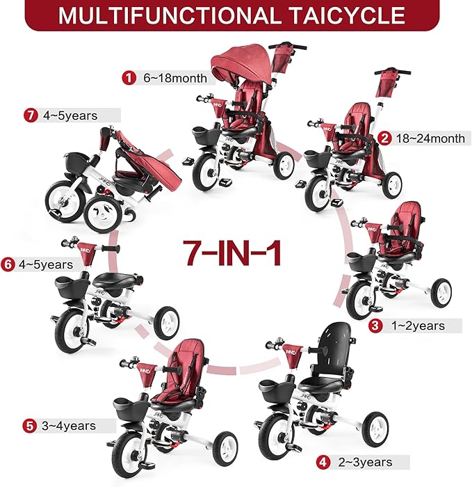JMMD Baby Tricycle, 7-in-1 Folding Kids Trike with Adjustable Parent Handle, Safety Harness & Wheel Brakes, Removable Canopy, Storage, Stroller Bike Gift for Toddlers 18 Months - 5 Years(Red)