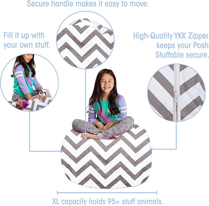 Posh Creations Kids Stuffed Animal Storage Bean Bag Chair Cover - Childrens Toy Organizer, X-Large-48in, Canvas White Arrows on Gray
