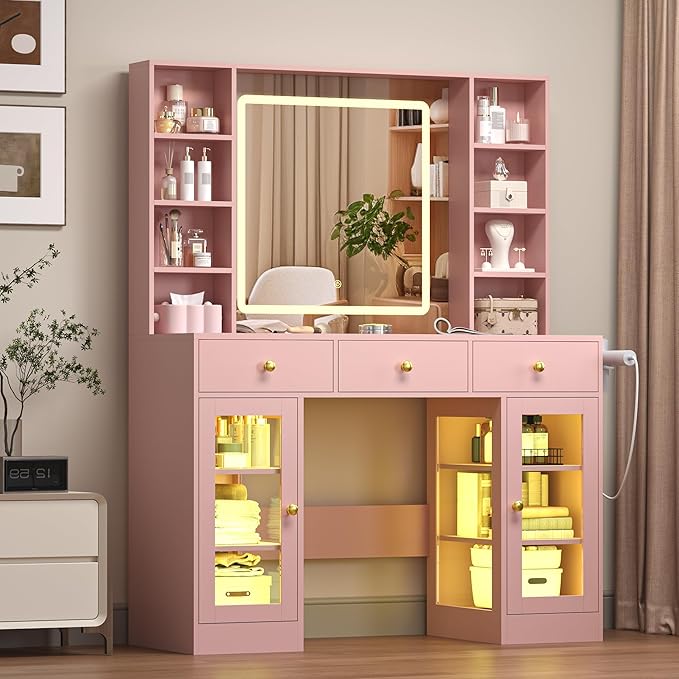 Vanity Desk with Mirror and Lights, White Makeup Vanity with Glass Top & Drawers, 3 Lighting Modes, Power Outlet, RGB Glass Cabinets, Modern Dressing Table for Girls, Women, Teens