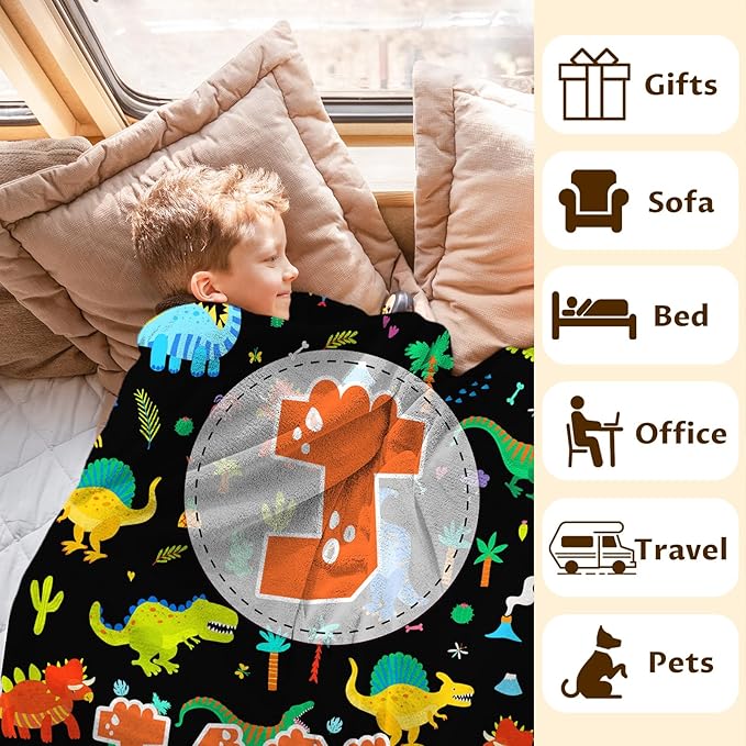Dinosaur Boys Blankets, Personalized Initial Monogram Blanket for Kids Toddlers, Cute Throws Blanket Gift, Soft Cozy Flannel Throw for Sofa Bed Couch Decor