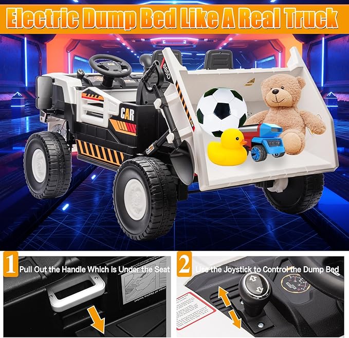 12V 10AH 2-Seater Kids Ride on Truck Electric Toy Car with Electric Dump Bed, Parents Remote Control Kids Car Tractor Toys Ride-on Dump Truck for Boys and Girls Ages 3+, White