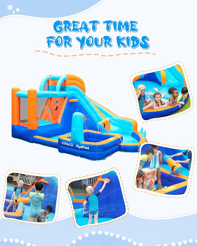 AirMyFun Inflatable Bounce House Water Slide with Curved Slide & Ball Pit Splash Pool - Kids Outdoor/Indoor Water Play Center for Backyard, Birthday Parties - Includes Basketball Hoop & Blower