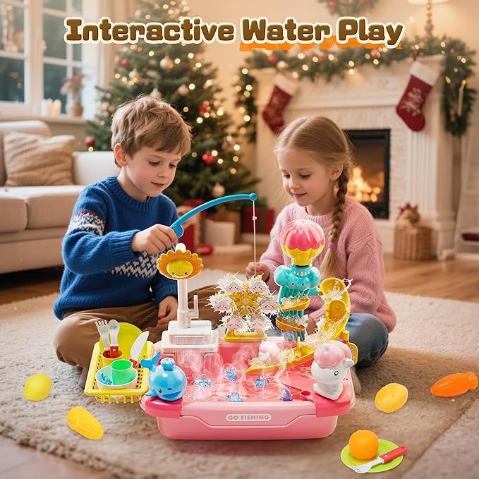 CUTE STONE Play Kitchen Sink with Running Water, Toddler Play Sink for Kids, Toy Sink with Electric Faucet, Fishing Game, Pretend Dishwasher, Water Table Toys & Kitchen Accessories for Girls