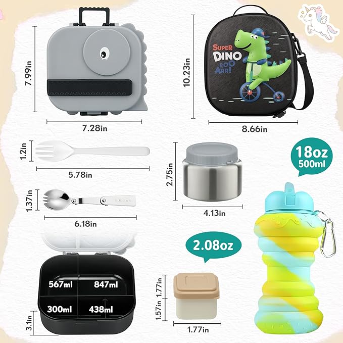 Dinosaur Lunch Box for Kids with Secret Compartment | 4 Compartments Bento Box + 12oz Insulated Food Jar | Leak-Proof Sauce Cup & Collapsible Spoon | BPA-Free, Dishwasher Safe(Grey-01)