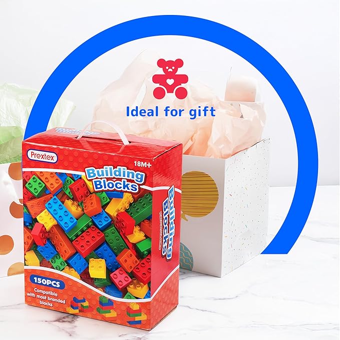 PREXTEX 150-Piece Building Blocks Set for Kids - 5-Color Building Bricks for Toddler Development, Creativity, and Motor Skills - Toys for Boys and Girls - Compatible with Major Brands