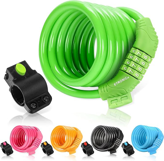 Etronic Bike Lock M6, Cable Lock 6 Feet Long Coiled Security Resettable Combo Combination Lock Bicycle Lock with Mounting Bracket