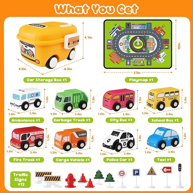 Toddler Car Toys, Wooden Cars Toys for Boy, 22 PCS Cars and Trucks Toy Vehicles Set with Traffic Signs, Playmat, Storage Box, Wood Montessori Toys for Toddlers Baby Birthday Educational