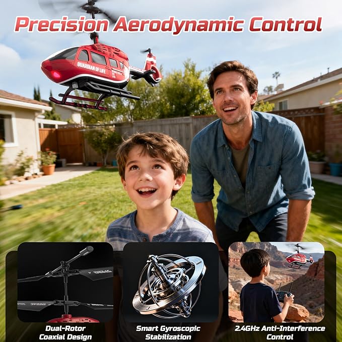 DEERC Remote Control Helicopter, Rescue RC Helicopter Toy with LED Lights, 2 Batteries, Altitude Hold & 2.4GHz Stable Control, Realistic Rescue Design, Ideal Gift for Kids and Adults