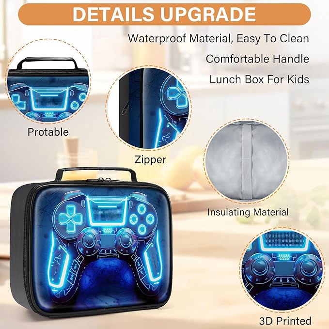 Gamer Lunch Box for Boys,Leather Boys Lunch Bag for Kids,Gamer Gifts for Kids,Insulated Video Game Lunchbox,Reusable Portable Lunchbox for School Travel Picnic Hiking Beach