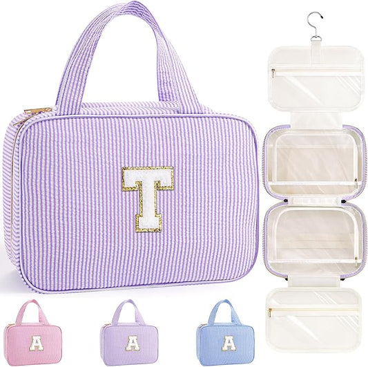 TOPEAST Hanging Toiletry Bag for Women - Travel Toiletry Bag Makeup Bag, Portable Toiletries Cosmetic Bag, Airplane Travel Essentials - Letter T, Purple