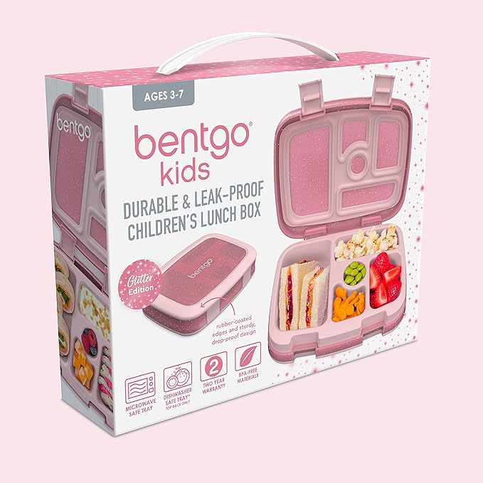 Bentgo Kids 5-Compartment Lunch Box - Glitter Design for School, Ideal for Ages 3-7, Leak-Proof, Drop-Proof, Dishwasher Safe, & Made with PFAS & BPA-Free Materials (Glitter Edition - Petal Pink)