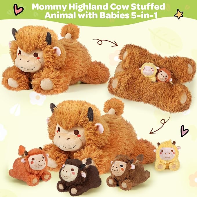 KMUYSL Highland Cow Stuffed Animal for Girls Ages 0 1 2 3 4 5 6 7 8+ Years Old, Mommy Cow Animals Plush Toys with 4 Baby Calves, Soft Animal Stuffed Toys Set, Christmas Birthday Gifts for Kids Girls