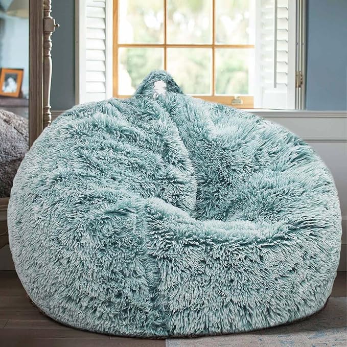 Fluffy Bean Bag Chair, 3FT Round Memory Foam Filled Bean Bag for Teens & Kids, Ultra Soft Faux Fur Fabric Bean Bag Chairs for Playroom, Living Room, Bedroom, Dark Green