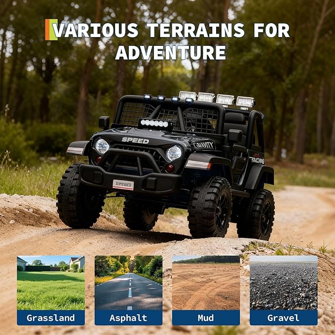 24V Ride on Car for Kids, 2 Seater Electric Truck with Parent Remote Control, Spring Suspension, 2 Speeds, LED Headlight & Music Player, Kids Electric Vehicle for Aged 3-8 Years, Black