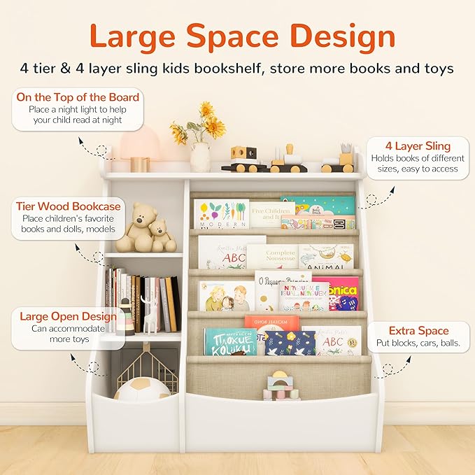 FKWin White Kids Bookshelf with 4 Layer Sling Bookcase,Deer Design Toddler Book Shelf for Kids Rooms Montessori Toy Storage with Adjustable Shelves