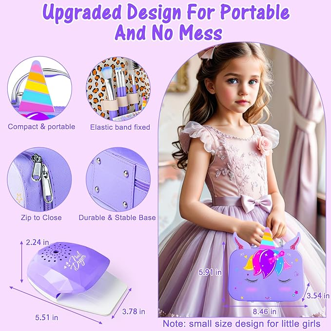 Kids Makeup Kit for Girl - 2 in 1 Kids Washable Makeup Toys & Nail Art Kit with Nail Dryer and Storage Case, Real Girl Makeup Set Birthday Gifts Toys for 3 -12 Year Old Girls, Purple