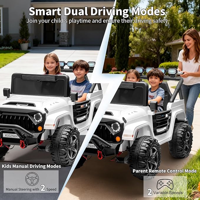 2 Seater Ride on Car Toy for Kids, 24V 4x4 Ride-on Truck, w/Parent Control, Soft Start, 3 Speed, 4-Wheeler Suspension, Bluetooth, LED Lights, Electric Car for Kids Toddler Ages 3-8, White