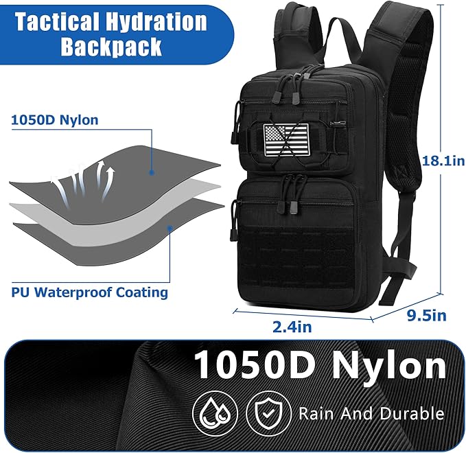 1050D Tactical Hydration Backpack with 3L TPU Water Bladder, Military Molle Water Backpack Perfect for Men & Women, Hydration Pack for Hiking, Biking, Running, Climbing, Hunting, Daily Use