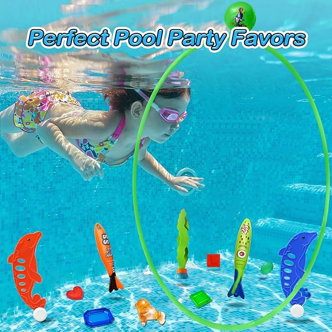 Jasonwell Pool Toys Diving Rings - 28PCS Swim Thru Rings Pool Game Diving Toys with Dive Ring Underwater Treasures Torpedo Bandits Fish Toy Fun Water Swimming Toy for Boys Girls Kids Teens Adults