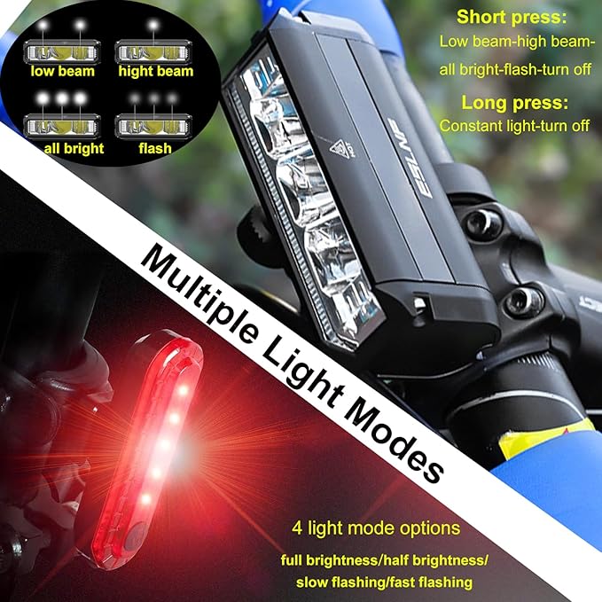 Bike Light Set for Night Riding,Bright LED Bicycle Light High Beam Low Beam,USB Rechargeable Bicycle Headlight Set,Waterproof Bike Headlight and Taillight for Adult Kid Mountain