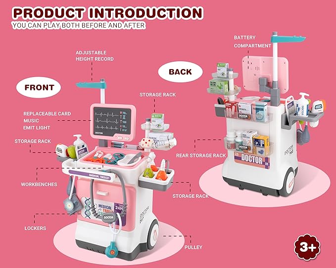 Doctor Kit for Toddlers - Deluxe Pretend Play Medical Cart Toy Set with Stethoscope ,Thermometer,Doctor Costume & Carry Bag - Educational Role Play Gift for Kids Boys & Girls Ages 3 4 5（Pink）