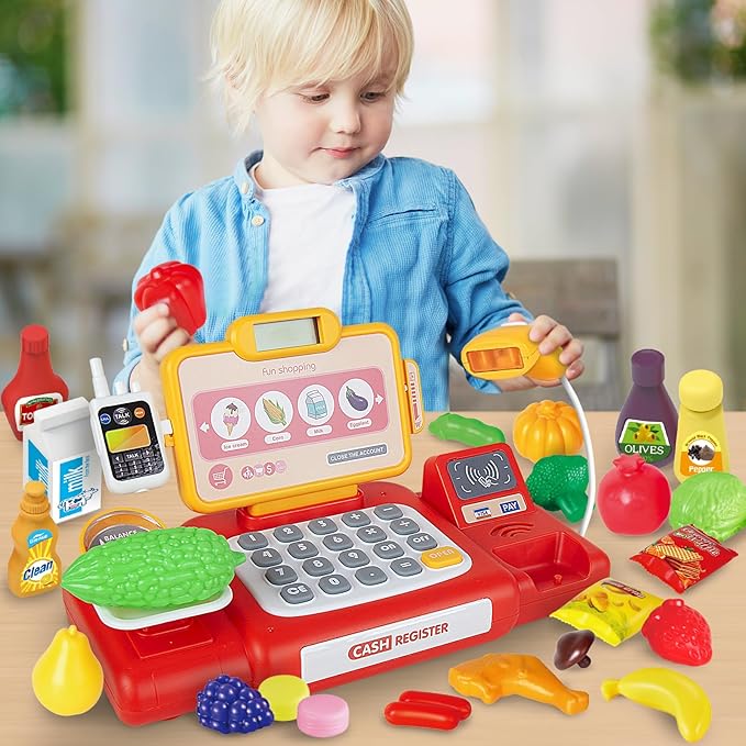 Kids Shopping Cart Trolley Play Set and Pretend Play Calculator Cash Register Toy with Pretend Food and Accessories,Perfect for Ages 3+ Pretend Play and Role-Playing Games