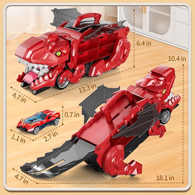 Toddler Truck Toys for 3 4 5 6 Years Old Boys, Toys Cars Track Set Dinosaur Transporter Truck with 10 Die-Cast Car Toys, Transforms into Dino, Toddler Car Toys Set for Kids Boys Girls