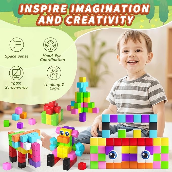 65PCS Magnetic Blocks with Magnet Eyes Toy, Magnetic Building Blocks with Storage Bag for Kids Gifts, STEM Preschool Sensory Magnetic Cubes for Toodlers Boys Girls Ages 3 4 5 6 7 8, Bright Color