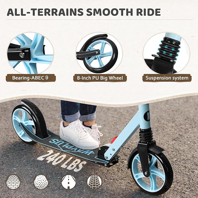 Kick Scooter for Ages 6+,Kid, Teens & Adults. Max Load 240 LBS. Foldable, Lightweight, 8IN Big Wheels for Kids, Teen and Adults, 4 Adjustable Levels. Bearing ABEC9