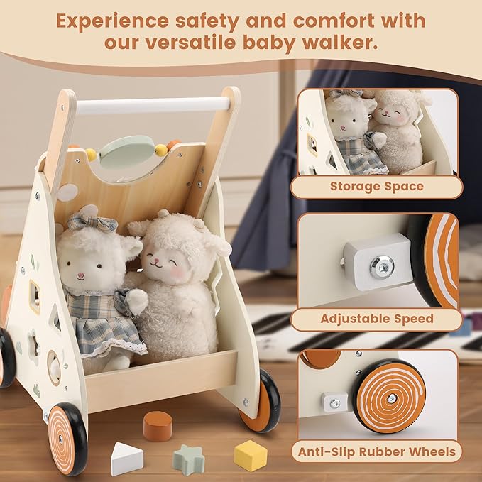 Wooden Baby Walker, Baby Push Walker with Activity Center for Girls Boys, Montessori Push Walker Toys for Babies Learning to Walk, Sit-to-Stand, for 10-12 Months 1 2 3 Years Old