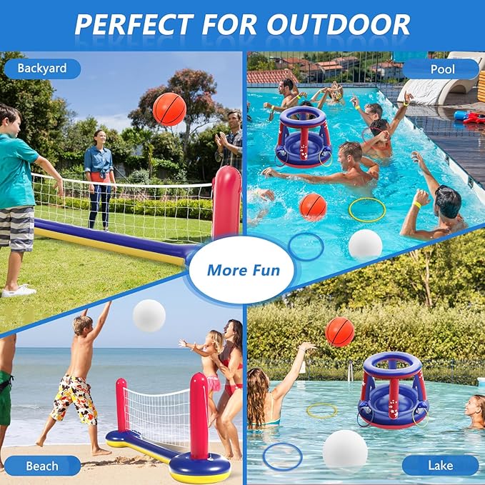 Jasonwell Pool Toys Games Set - 3 in 1 Pool Volleyball Net Basketball Hoop Ring Toss Game Inflatable Floats Water Floating Volleyball Swimming Pools Party Game Accessories Toy Gift Kids Teens Adults