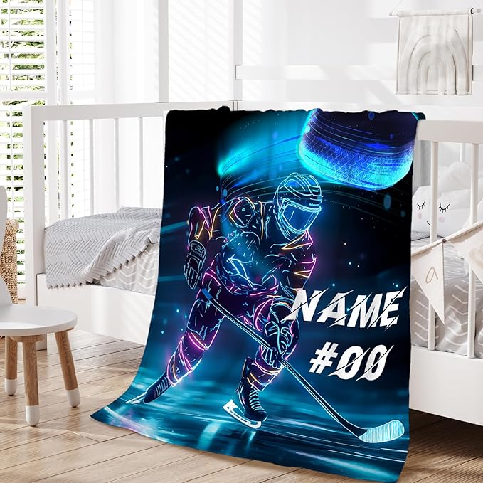Personalized Ice Hockey Blanket, Hockey Gifts, Sports Blanket, Cool 80 x 60 Inches Throw Blanket Gift for Boys, Men, Ice Hockey Lovers, Soft Warm Fuzzy Throw Blanket for Bed, Living Room, Home Decor