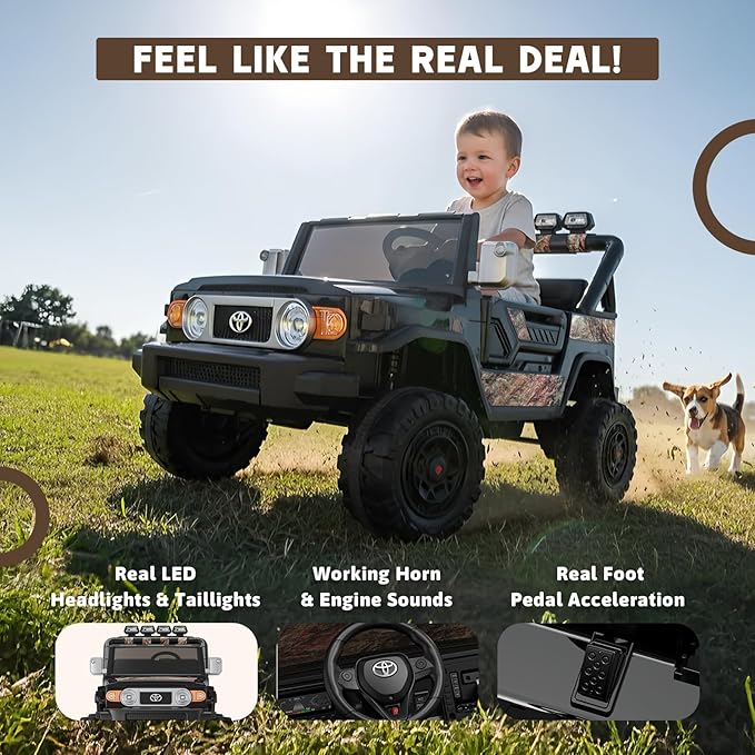 24V Ride on Toys for Kids, Licensed Toyota FJ, 2 Seater Ride on Car with Remote Control, Electric Car w/ 4-Wheeler Suspension, Led Light, Music, USB, Electric Vehicle for Age 3-8, Camouflage