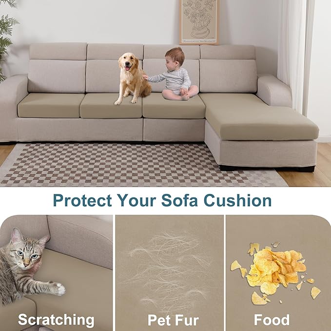 100% Waterproof Couch Cushion Covers, Stretch Sofa Seat Covers, Reversible Protector Covers for Pets, Washable (Loveseat Cushion, Sand), Medium