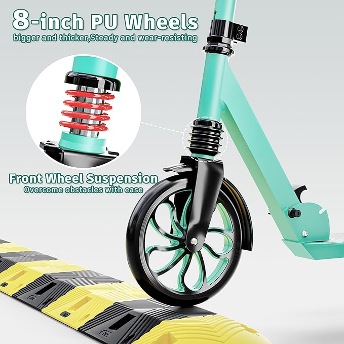 PHOEROS Kick Scooter for Kids Ages 6-12,Teens & Adults, Youth. Lightweight Aluminum Kick Scooter for Teens Adults Boys Girls with 8 inch Big Wheels, Foldable, 3 Height Adjustable, Shock Absorption.