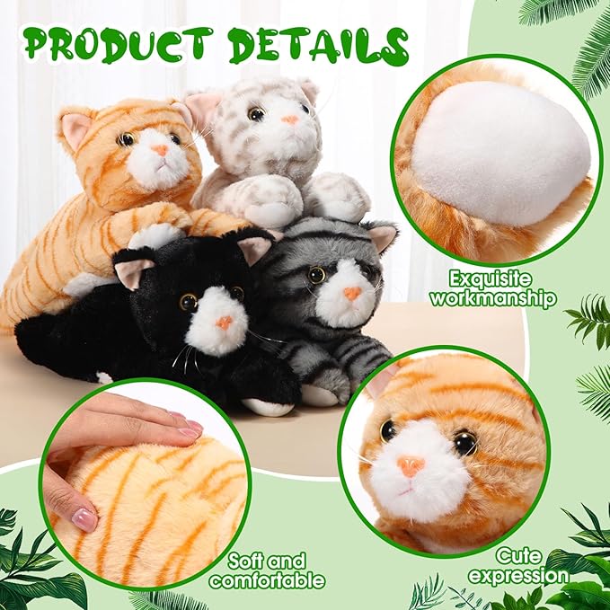 Libima 4 Pcs 14 Inch Cat Stuffed Animals Bulk, Halloween Christmas Stuffers Soft Cuddly Kitten, Smitten Kittens, Assorted Fluffy Stuffed Cats for Kiddos Birthday Gift Pet Party Favors (Lying Style)