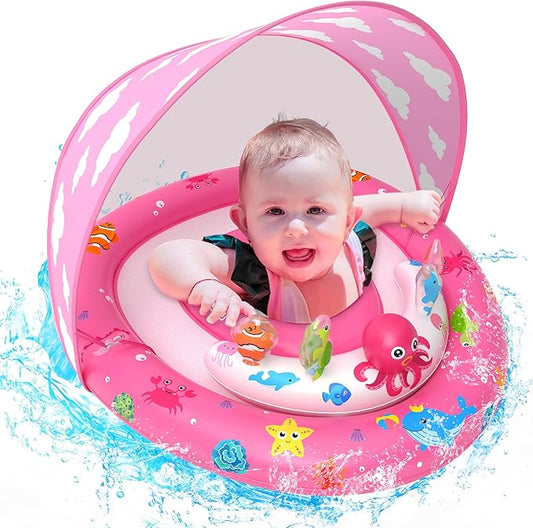 ZIZZ Baby Pool Float with Canopy - 2025 New Inflatable Baby Swim Float with UPF50+Sun Protection, Baby Infant Pool Float with Toy Play Console Adjustable Seat for Toddler Kids Aged 6-36 Months