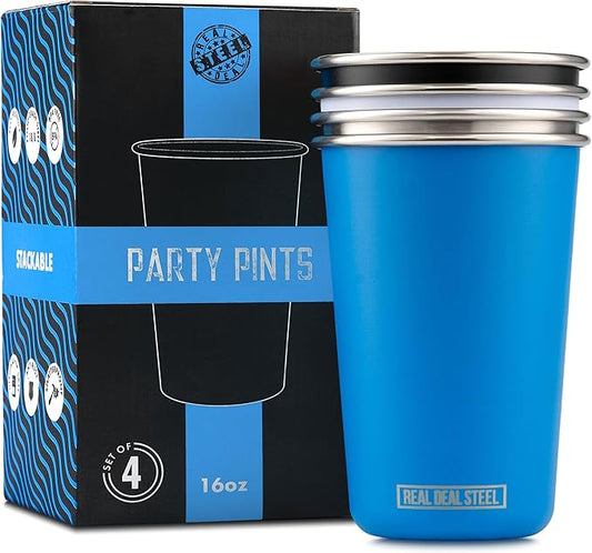 Party Pints: 16 oz Pint Cups, Stackable Tumblers, Eco Friendly Premium Metal Drinking Glasses
