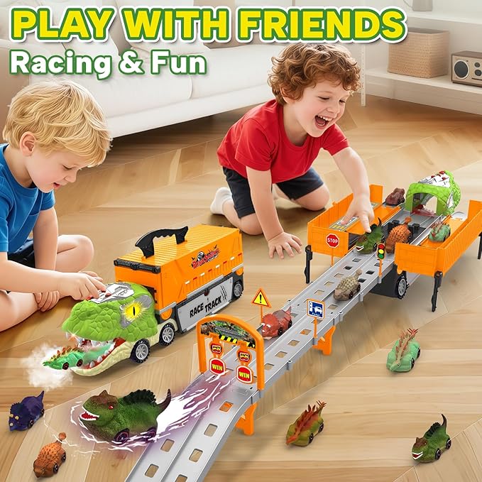Dinosaur Carrier Truck Race Track Toys for Kids 3-5, Large Toy Cars Track Set with 8 Small Dinosaur Cars, T-Rex Transport Carrier, Christmas Birthday Gifts for 3 4 5 6 7 Year Old Toddler Boys Girls